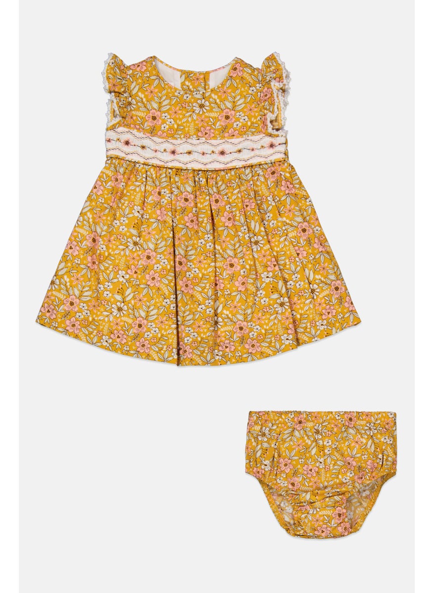 Toddlers Girl 2 Pc Floral Print Dress With Panty, Yellow Combo