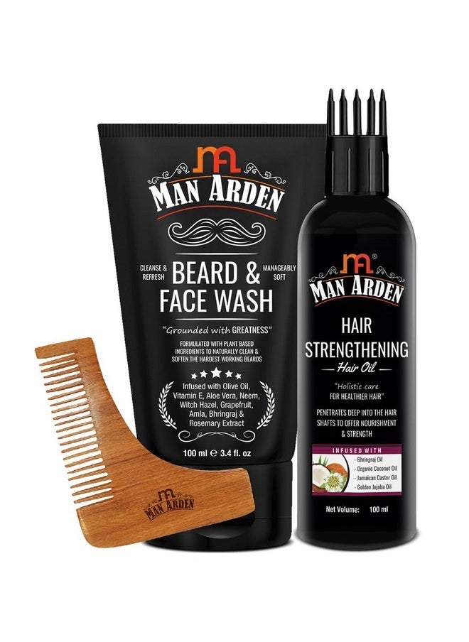 Beard & Face Wash+ Hair Strengthening Hair Oil + Beard Comb