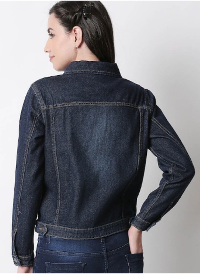 Women Blue Solid Denim Jacket