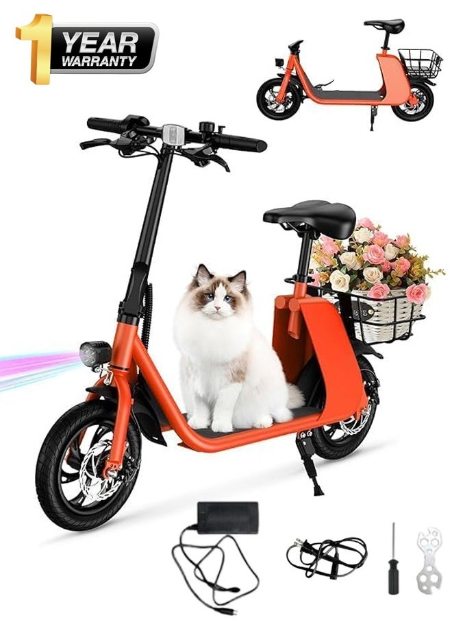 Electric Foldable Scooter with Seat and Rear Basket, 450W Motor, 36V 8AH Battery, 25-35 KM/h Speed, Carbon Alloy Frame, 12.5 Inches Tires, Disk Brakes, Unisex E-Scooter with Helmet and Safety Vest