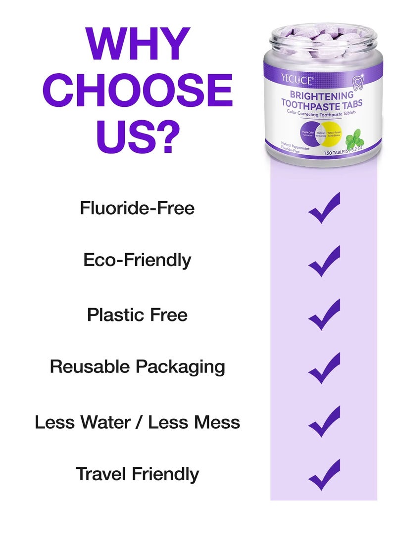 150Pcs Brightening Toothpaste Tabs with Nano Hydroxyapatite for Teeth Whitening Fresh Breath Remineralizing Tablets Toothpaste with Coconut Oil Peppermint Purple Toothpaste Tablets