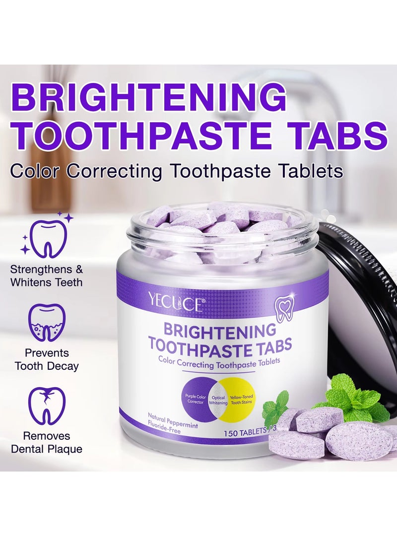 150Pcs Brightening Toothpaste Tabs with Nano Hydroxyapatite for Teeth Whitening Fresh Breath Remineralizing Tablets Toothpaste with Coconut Oil Peppermint Purple Toothpaste Tablets