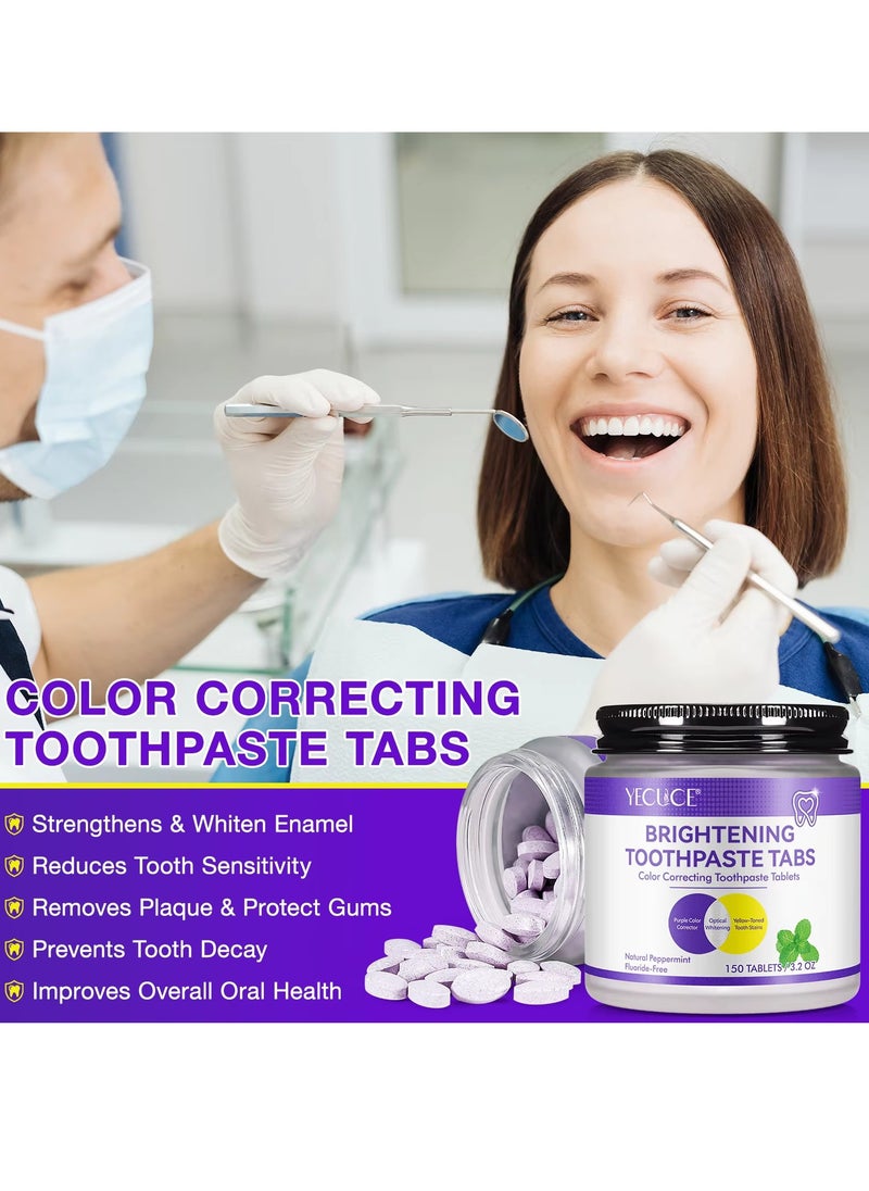 150Pcs Brightening Toothpaste Tabs with Nano Hydroxyapatite for Teeth Whitening Fresh Breath Remineralizing Tablets Toothpaste with Coconut Oil Peppermint Purple Toothpaste Tablets