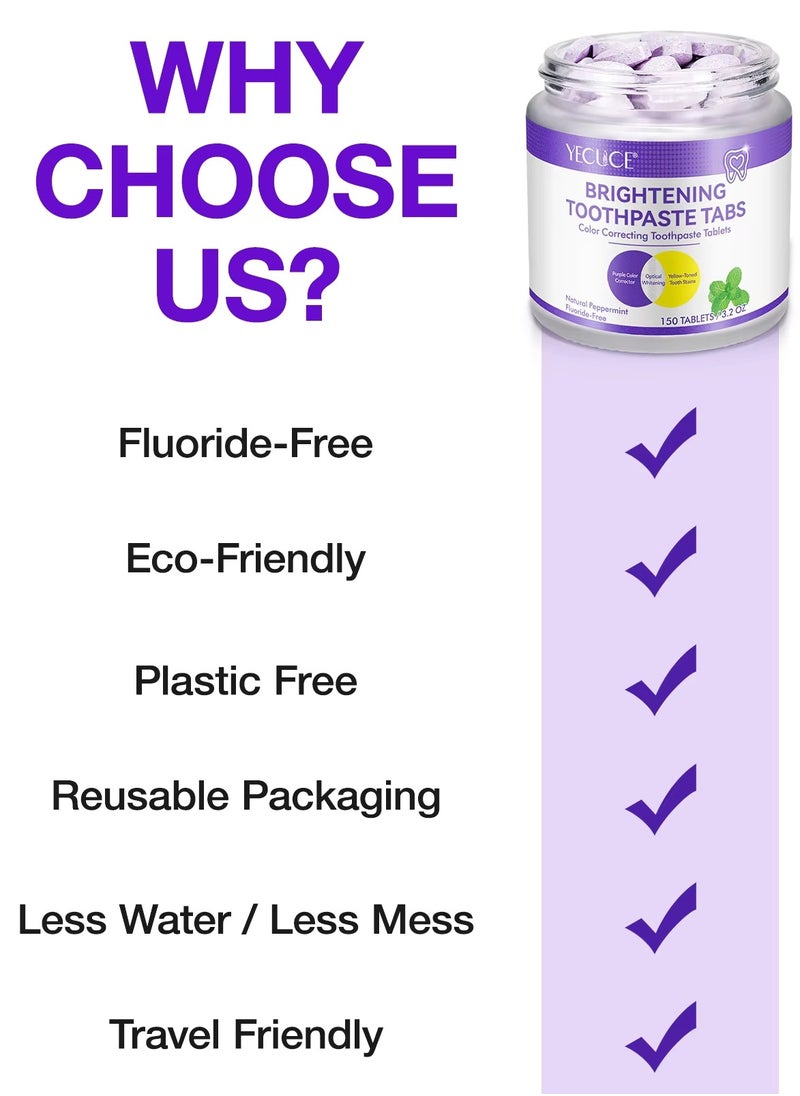 150Pcs Brightening Toothpaste Tabs with Nano Hydroxyapatite for Teeth Whitening Fresh Breath Remineralizing Tablets Toothpaste with Coconut Oil Peppermint Purple Toothpaste Tablets