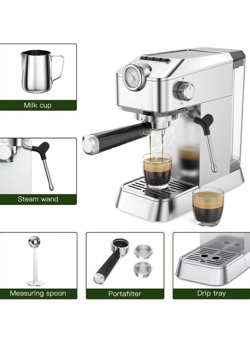 Espresso Machine, 20 Bar Stainless Steel Silver Coffee Maker for Home or Office with Removable Water Tank, Measuring Spoon, Brewing Filter, Milk Cup.