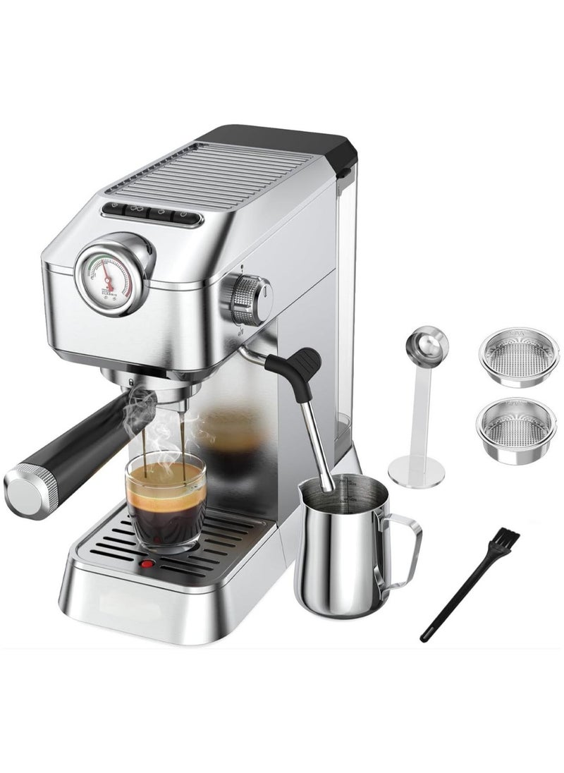 Espresso Machine, 20 Bar Stainless Steel Silver Coffee Maker for Home or Office with Removable Water Tank, Measuring Spoon, Brewing Filter, Milk Cup.