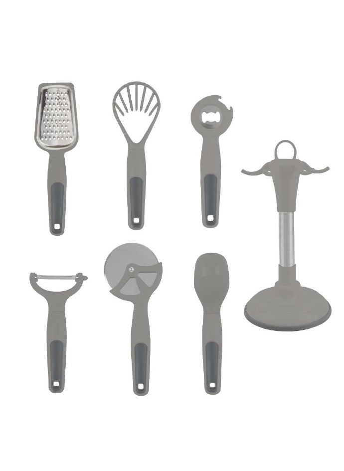 7 Pieces Multipurpose kitchen Gadgets Set Durable Stainless Steel Peeler Mincer ABS Material Ergonomic Handle Bottle Opener Pizza Cutter Vegetables and Fruits Grater Scoop Spoon for Ice Cream Multifunction Kitchen Tools with Storage Stand