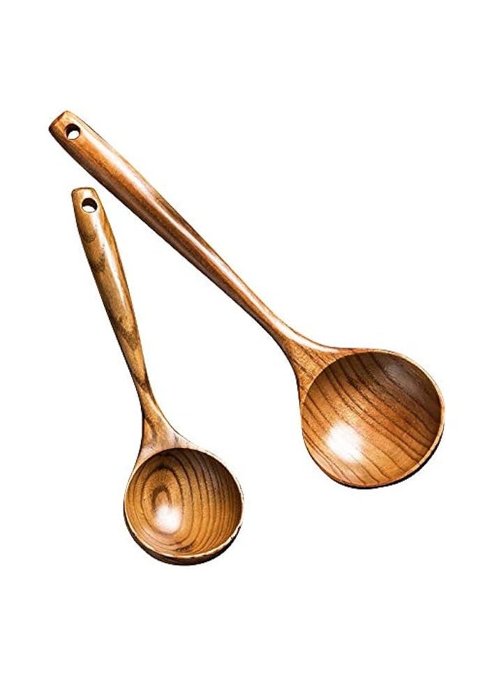 2 Pcs Wooden Spoon Ladle for Cooking Spoons-14 inch Long Kitchen Cooking Spoon & 11 inch Best Wood Spoons Large Deep Serving Spoons