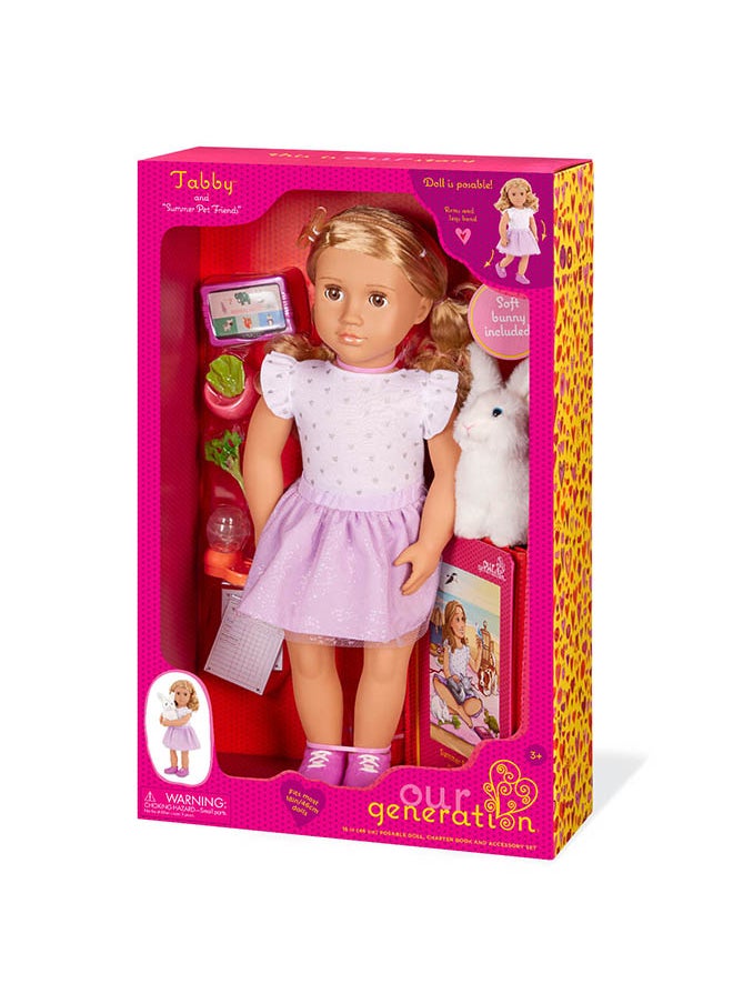 Fashionable 18-inch Deluxe Pet Lover Girl Doll with Book and Accessories, Gifting Toys, Age 6+ years,Character-Tabby