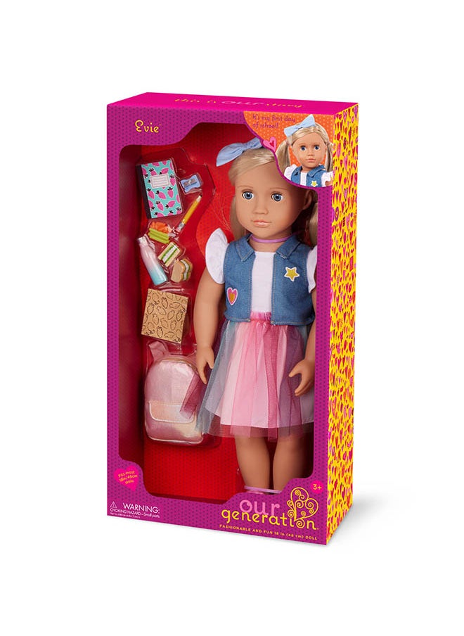 Fashionable 18-inch Activity Elementary School Girl Doll with Accessories, Gifting Toys, Age 6+ years, Character-Evie