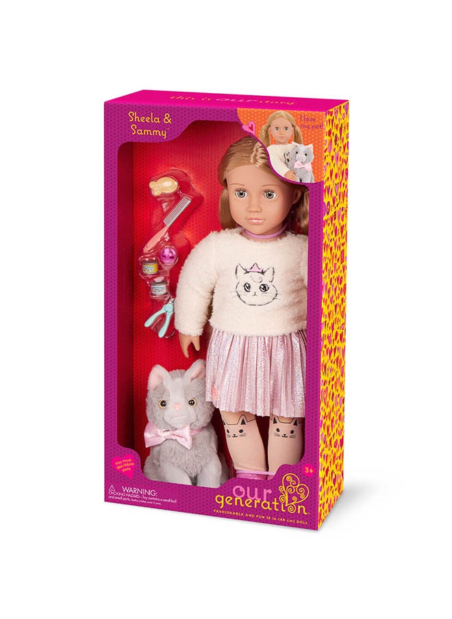 Fashionable 18-inch Girl Doll with Pet Kitten and Kitten Accessories, Gifting Toys, Age 6+ years, Characters-Sheela & Sammy