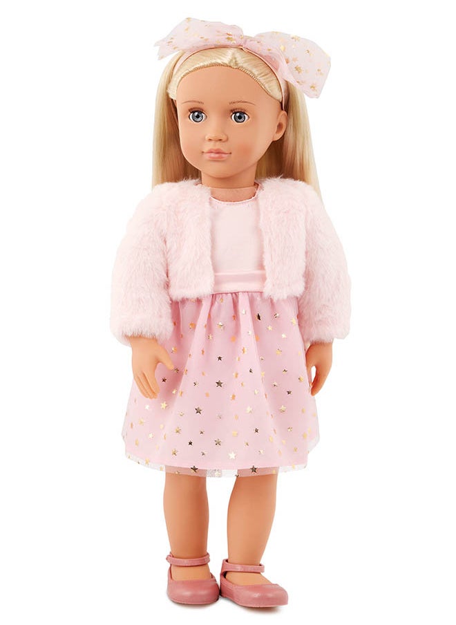 Fashionable 18-inch Girl Doll with Pink Holiday Dress, Gifting Toys, Age 6+ years, Character-Miranda