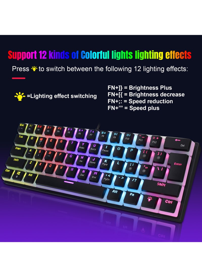 60% Wired Gaming Mechanical Keyboard, Pudding Keycaps with Translucent Layer,RGB Ultra-Compact Mini Keyboard, Waterproof Small 61 Keys Keyboard for Office/Gaming Win/Mac/Linux OS Black