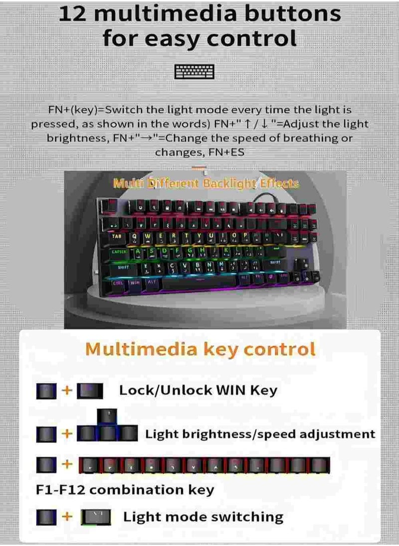 English Arabic Mechanical Gaming Keyboard with LED Backlit, 87 Keys Quick Response USB Interface Esport Waterproof Wired Keyboard for Windows,MacOS,Android PC Gamers  Black