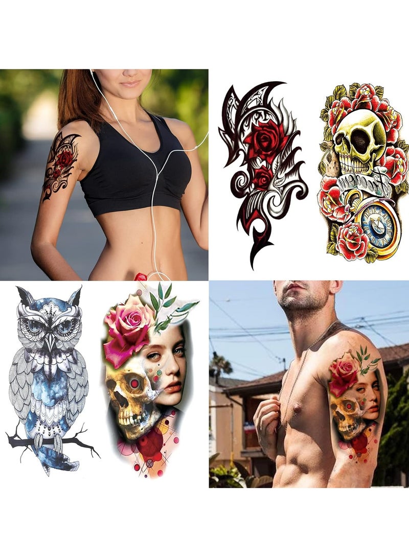 80 Sheets Temporary Tattoos Stickers, Fake Body Arm Chest Shoulder Tattoos for Men and Women, Halloween Temporary Tattoos Black Fake Skull Skeleton Tattoos for Halloween Cosplay