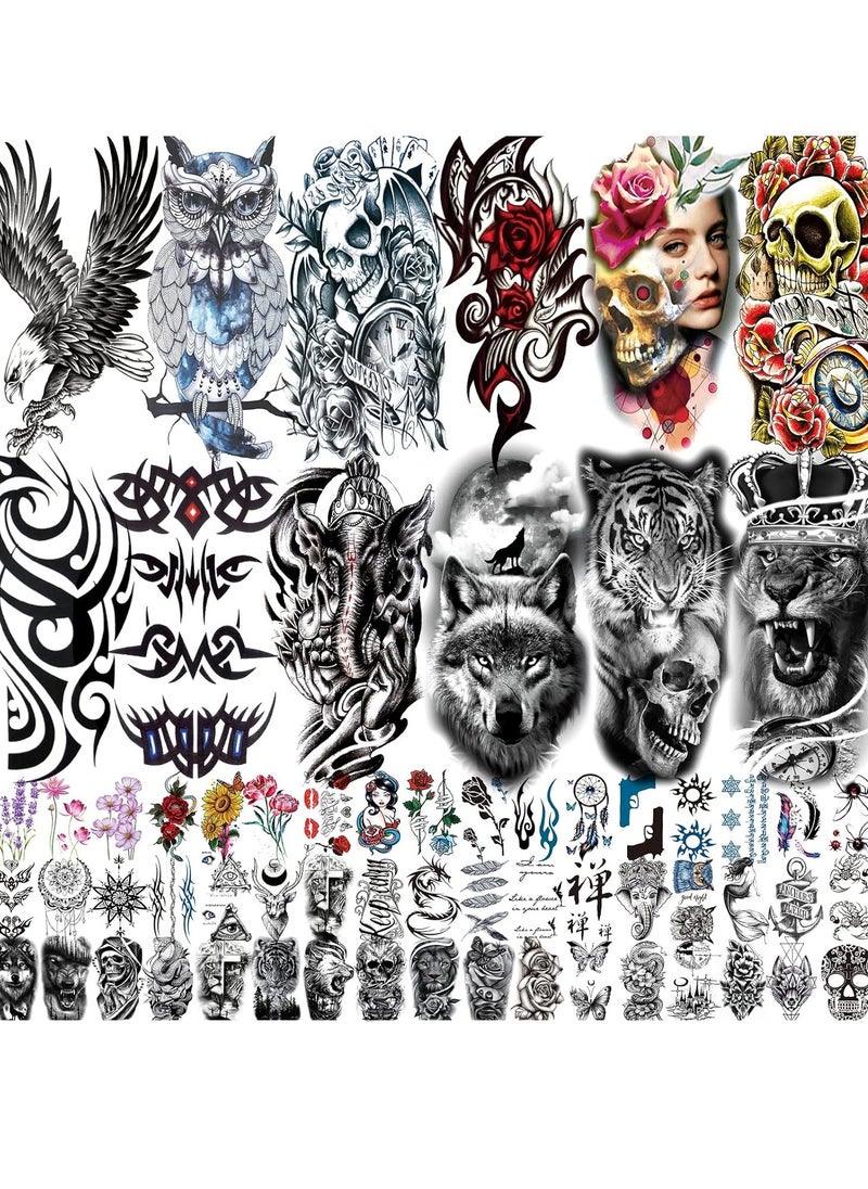 80 Sheets Temporary Tattoos Stickers, Fake Body Arm Chest Shoulder Tattoos for Men and Women, Halloween Temporary Tattoos Black Fake Skull Skeleton Tattoos for Halloween Cosplay