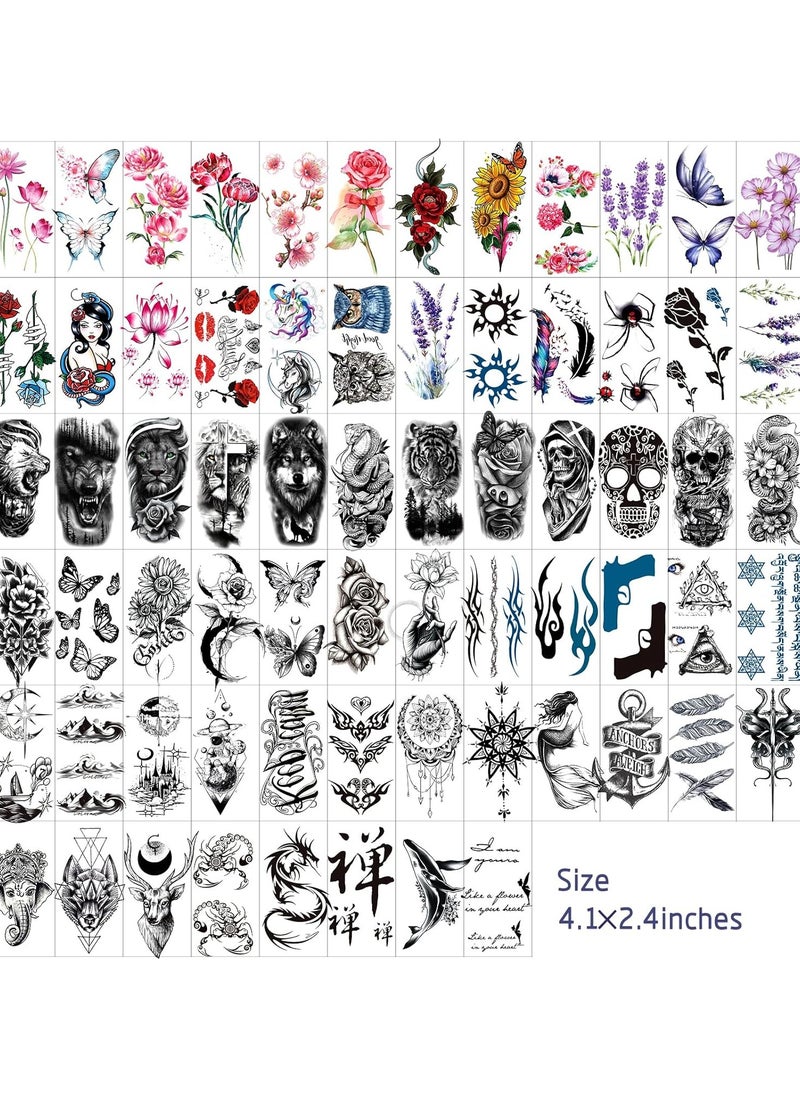 80 Sheets Temporary Tattoos Stickers, Fake Body Arm Chest Shoulder Tattoos for Men and Women, Halloween Temporary Tattoos Black Fake Skull Skeleton Tattoos for Halloween Cosplay