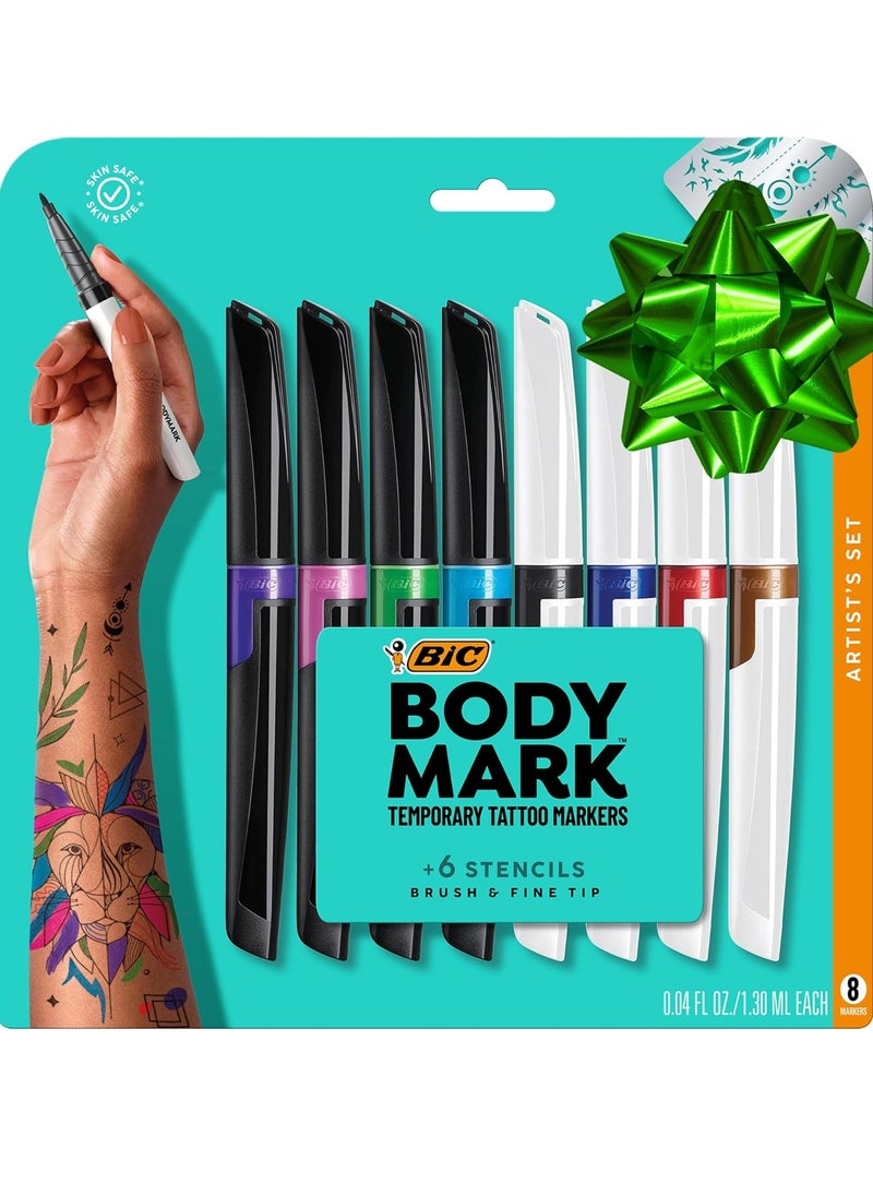 BIC BodyMark Temporary Tattoo Markers for Skin, Artist's Set, Mixed Tip, 8-Count Pack of Assorted Colors, Skin-Safe, Cosmetic Quality