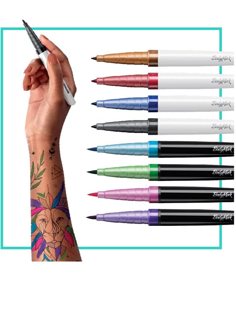 BIC BodyMark Temporary Tattoo Markers for Skin, Artist's Set, Mixed Tip, 8-Count Pack of Assorted Colors, Skin-Safe, Cosmetic Quality