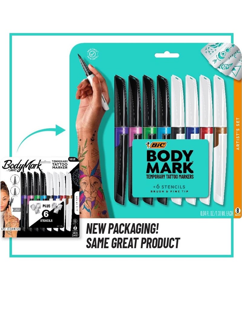 BIC BodyMark Temporary Tattoo Markers for Skin, Artist's Set, Mixed Tip, 8-Count Pack of Assorted Colors, Skin-Safe, Cosmetic Quality