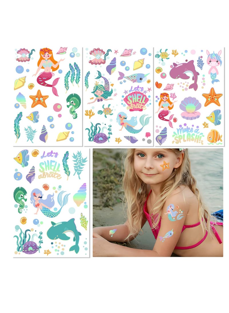 Temporary Tattoos Mermaid for Kids, 80+ Metallic Foil Style Bronzing Fake Tattoos, 4 Sheets Tats | Birthday Party Supplies, Easter Present, Ocean Animal Tattoos for Boy and Girls