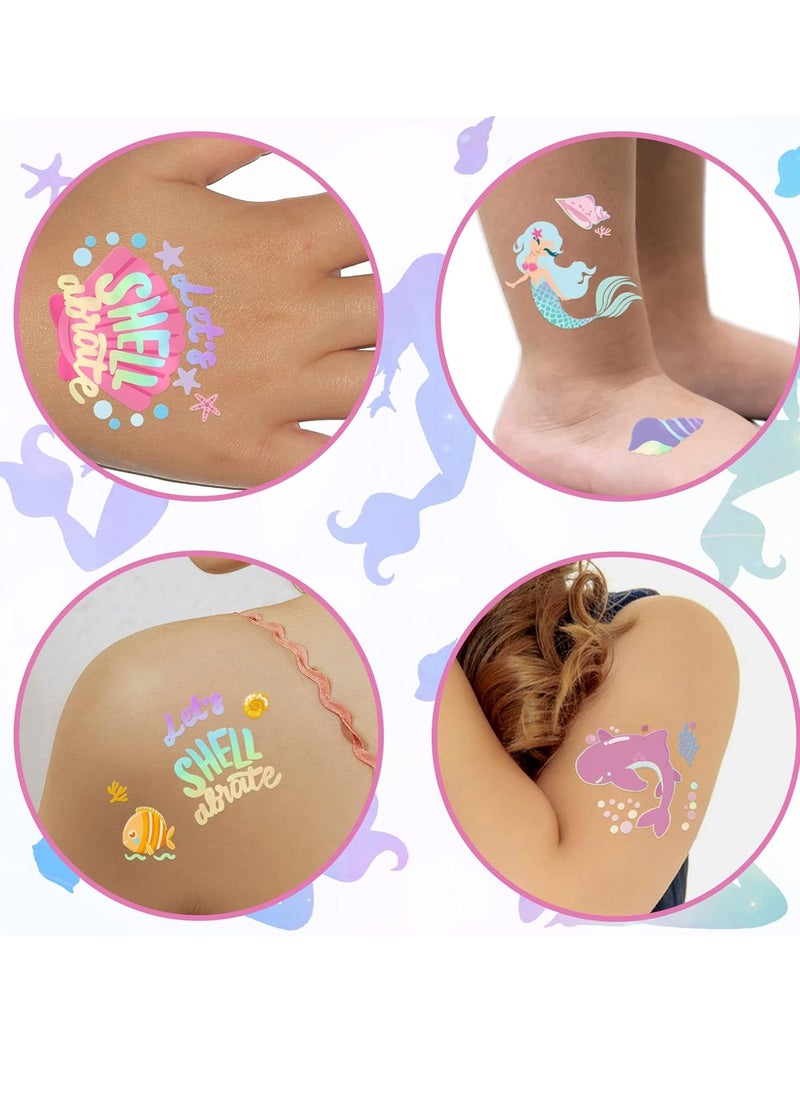 Temporary Tattoos Mermaid for Kids, 80+ Metallic Foil Style Bronzing Fake Tattoos, 4 Sheets Tats | Birthday Party Supplies, Easter Present, Ocean Animal Tattoos for Boy and Girls
