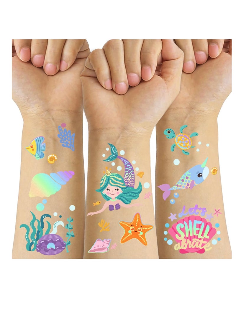 Temporary Tattoos Mermaid for Kids, 80+ Metallic Foil Style Bronzing Fake Tattoos, 4 Sheets Tats | Birthday Party Supplies, Easter Present, Ocean Animal Tattoos for Boy and Girls