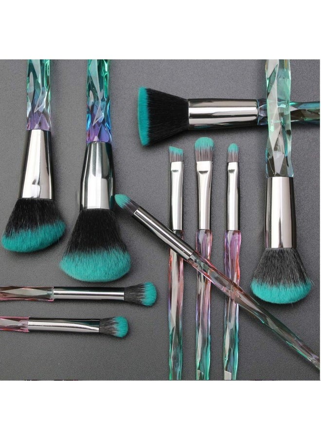 Makeup Brushes Crystal Handle Set Tenmon 10 Pcs Crystal Transparent Handle Kabuki Powder Foundation Brush Concealer Eye Shadow Eyeliner Eyebrow Brush (Green)