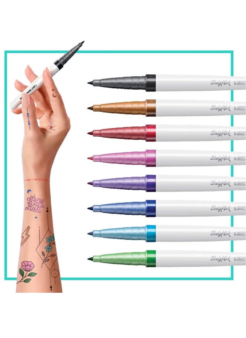 BIC BodyMark Temporary Tattoo Markers for Skin, Precision Series, Fine Tip, 8-Count Pack of Assorted Colors, Skin-Safe*, Cosmetic Quality