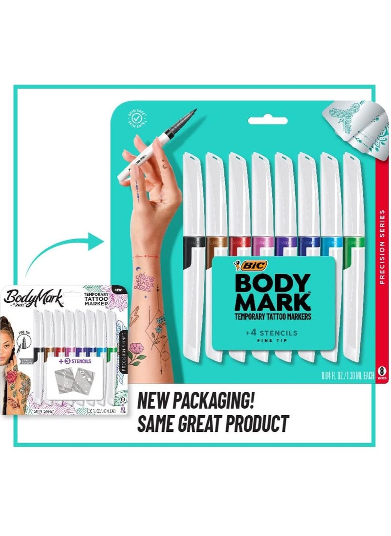 BIC BodyMark Temporary Tattoo Markers for Skin, Precision Series, Fine Tip, 8-Count Pack of Assorted Colors, Skin-Safe*, Cosmetic Quality