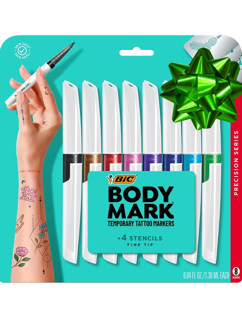 BIC BodyMark Temporary Tattoo Markers for Skin, Precision Series, Fine Tip, 8-Count Pack of Assorted Colors, Skin-Safe*, Cosmetic Quality
