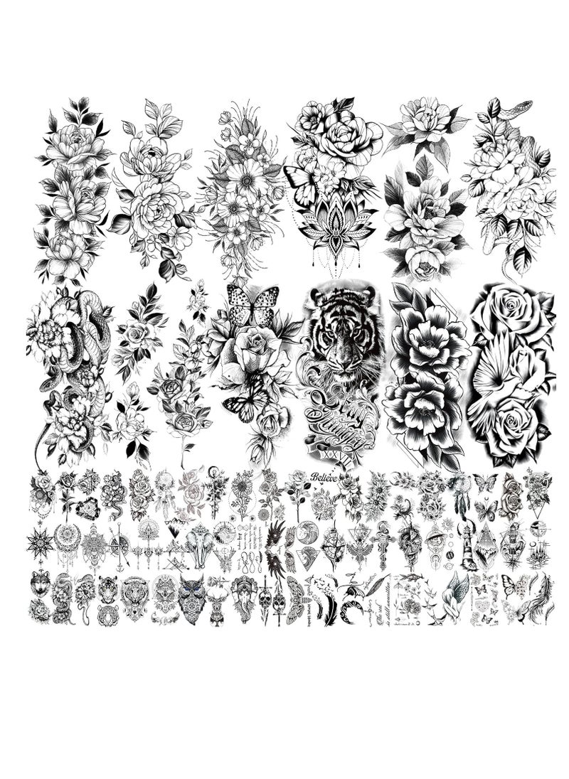 72 Sheets 3D Flowers Temporary Tattoos for Women Adult, Including 12 Sheets Large Fake Tattoos That Look Real and Last Long, Waterproof Rose Moon Butterfly Tiger Snake Tattoos and Flowers Tattoos