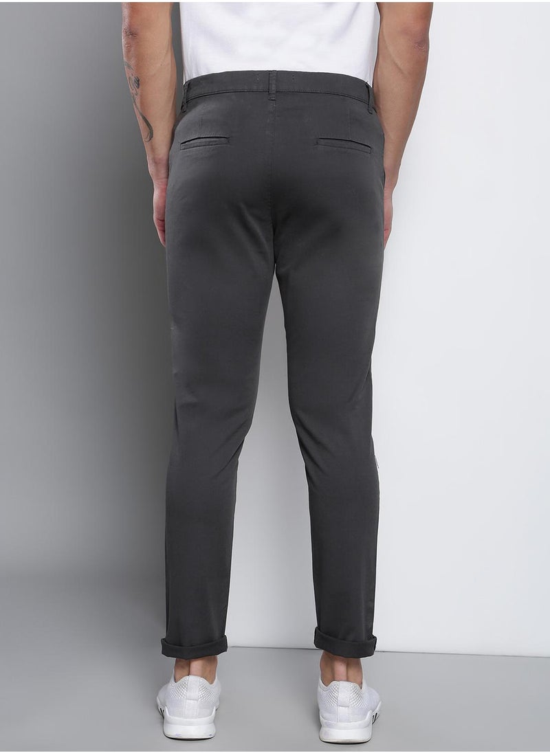 Men's Tapered Fit Charcoal Grey Cotton Chinos - Mid-Rise, Full Length, Button & Zip Closure