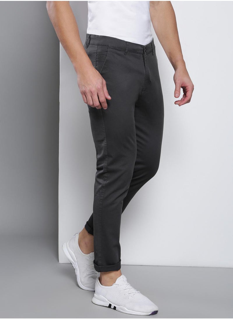 Men's Tapered Fit Charcoal Grey Cotton Chinos - Mid-Rise, Full Length, Button & Zip Closure