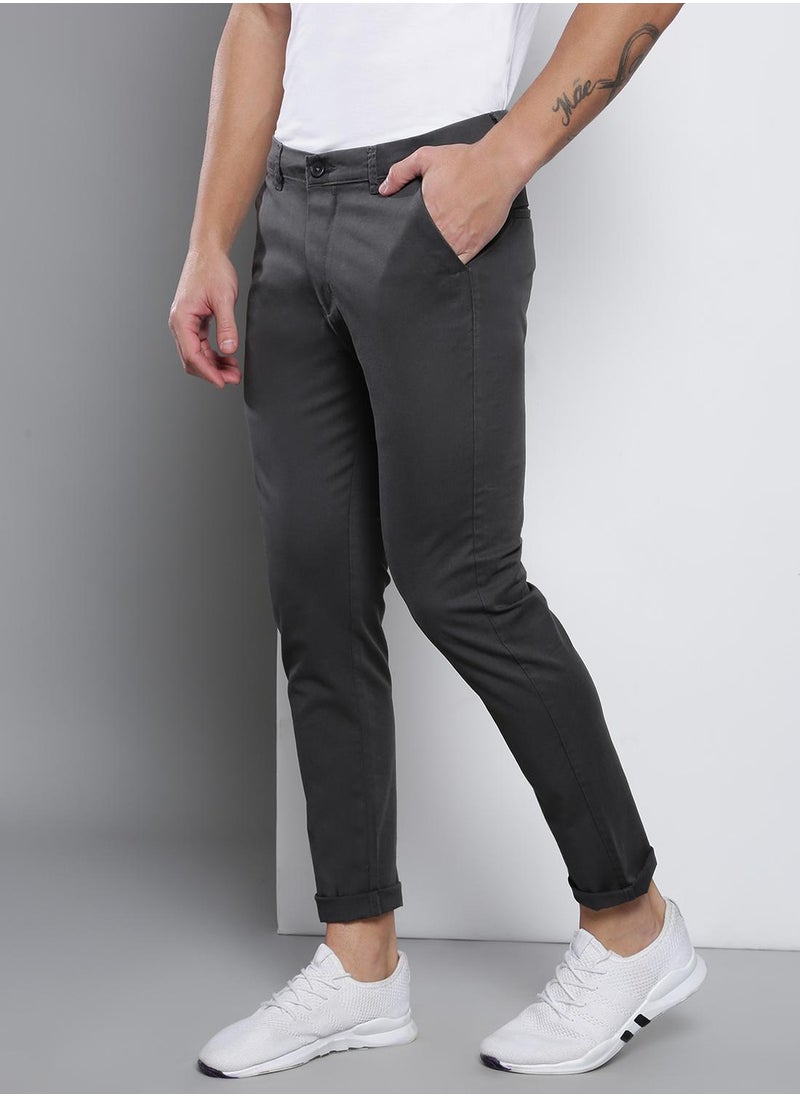 Men's Tapered Fit Charcoal Grey Cotton Chinos - Mid-Rise, Full Length, Button & Zip Closure