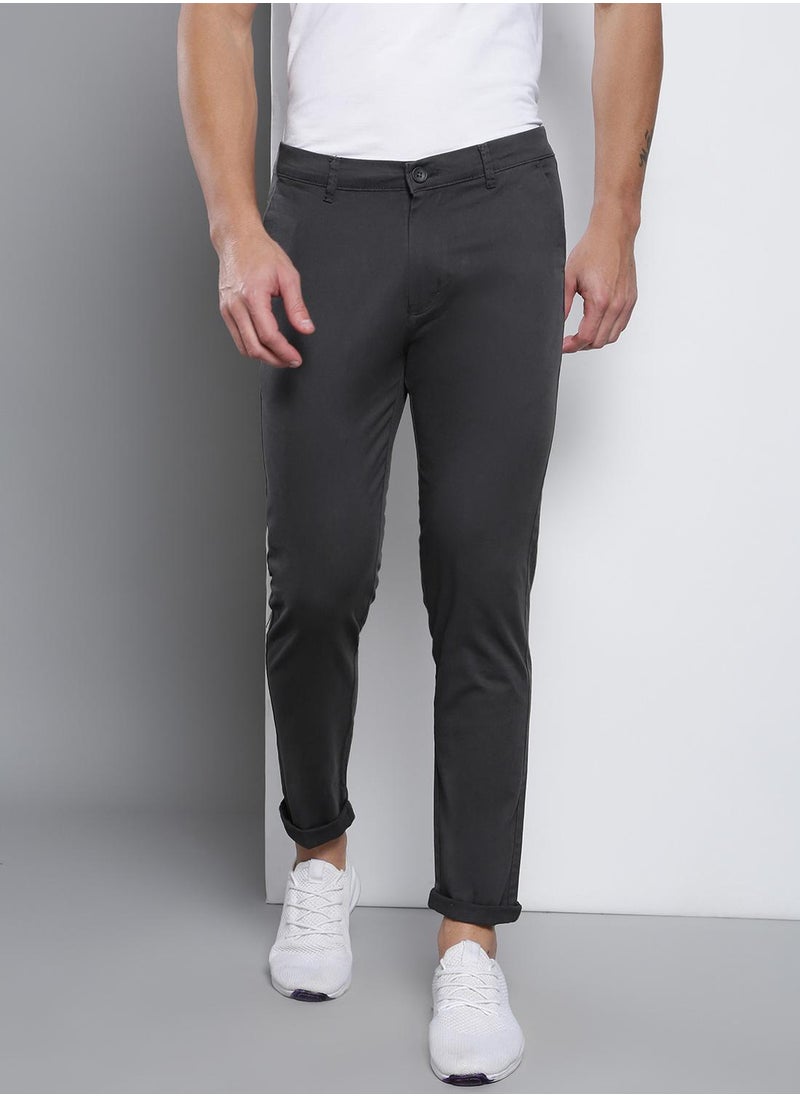 Men's Tapered Fit Charcoal Grey Cotton Chinos - Mid-Rise, Full Length, Button & Zip Closure