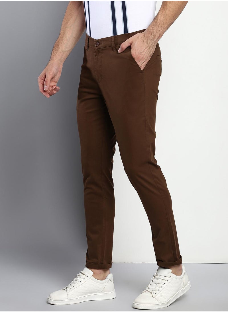 Men's Tapered Fit Brown Cotton Chinos - Mid-Rise, Full Length, Button & Zip Closure