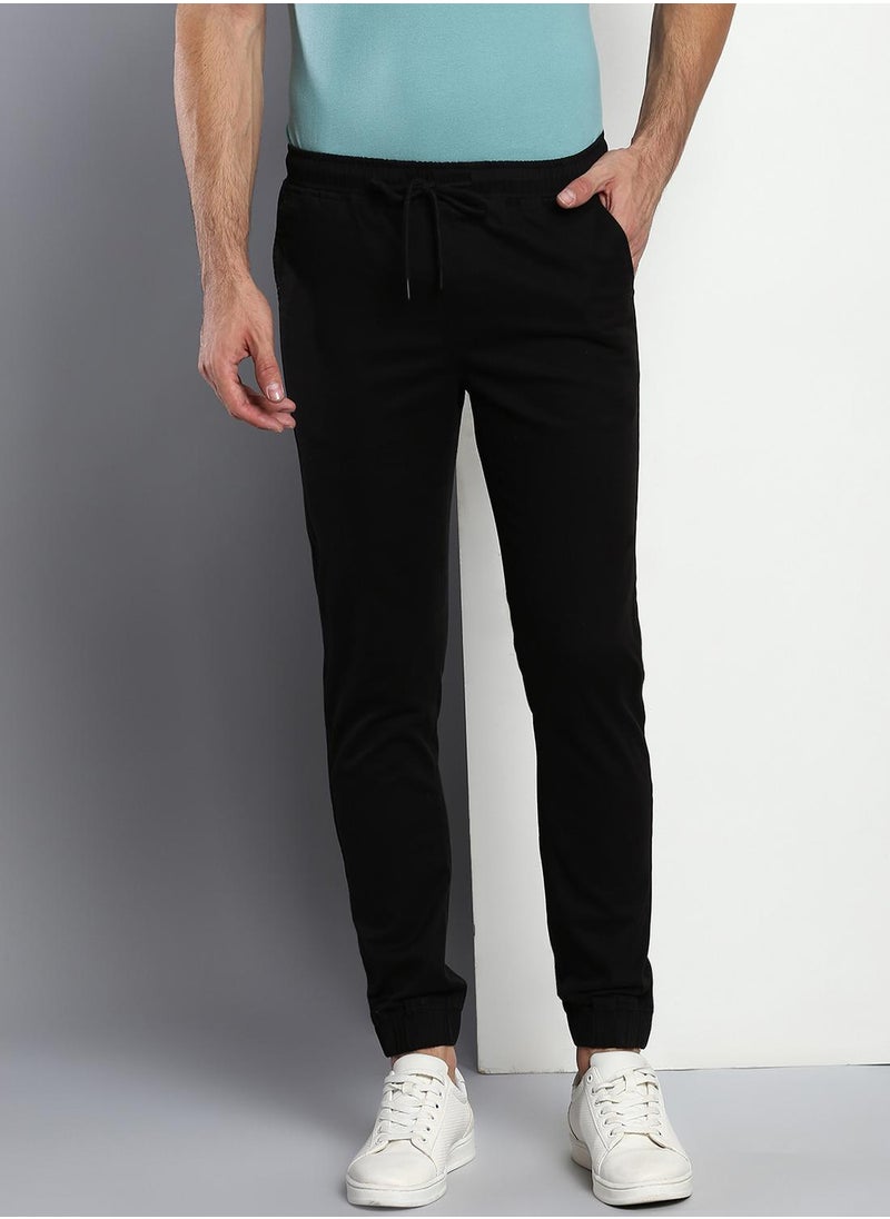 Regular Fit Men's Black Cotton Trousers - Mid-Rise, Full Length, Button & Zip Closure
