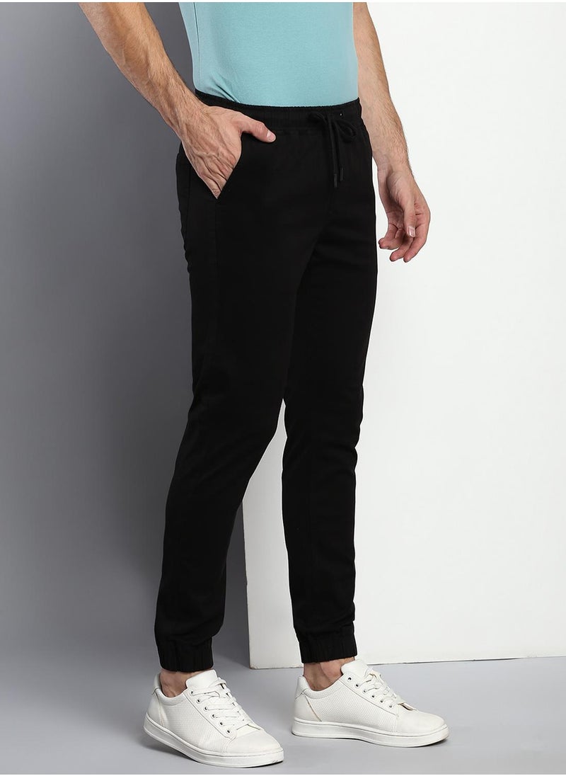 Regular Fit Men's Black Cotton Trousers - Mid-Rise, Full Length, Button & Zip Closure