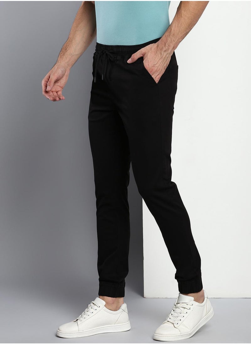 Regular Fit Men's Black Cotton Trousers - Mid-Rise, Full Length, Button & Zip Closure