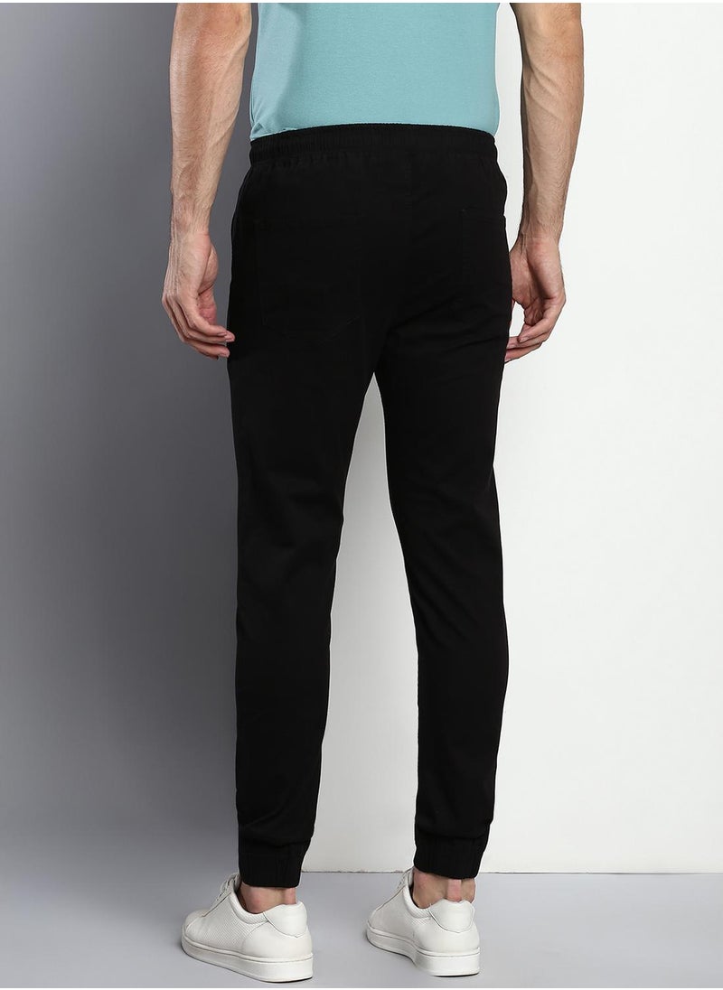 Regular Fit Men's Black Cotton Trousers - Mid-Rise, Full Length, Button & Zip Closure