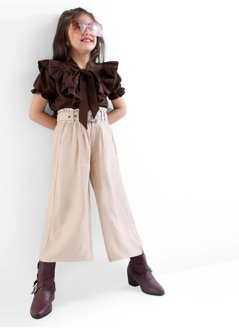 OLLINGTON ST. Woven Frill Sleeves Top With Bow & Twill Culottes & Belt- Brown & Beige