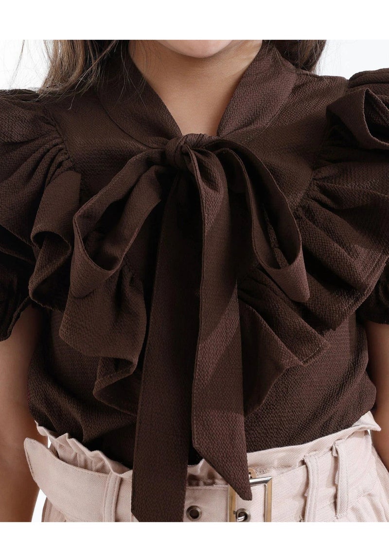 OLLINGTON ST. Woven Frill Sleeves Top With Bow & Twill Culottes & Belt- Brown & Beige