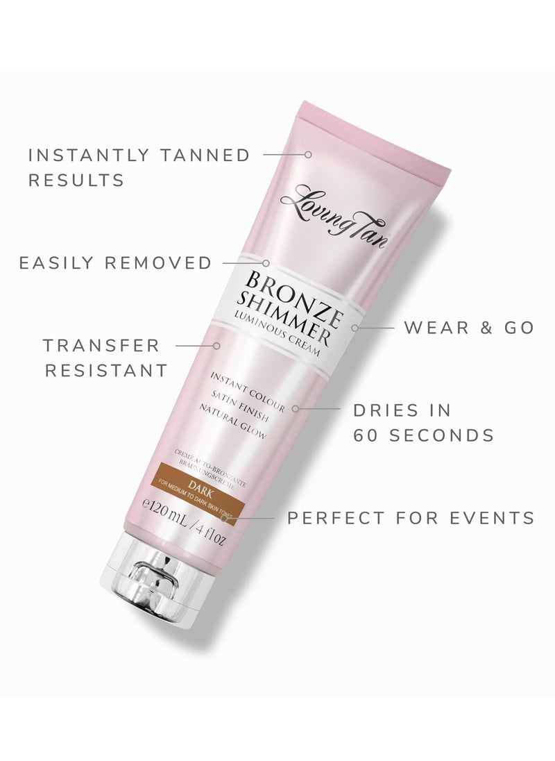 Loving Tan Bronze Shimmer Luminous Cream, Dark - Streak Free, Natural Looking, Instant Sunless Tanner - 6+ Self Tanning Applications per Tube, Cruelty Free - 4 FL Oz