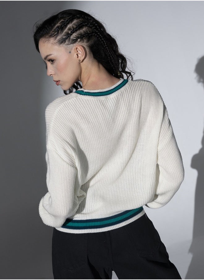 Women's White 100% Acrylic Regular Fit Sweater