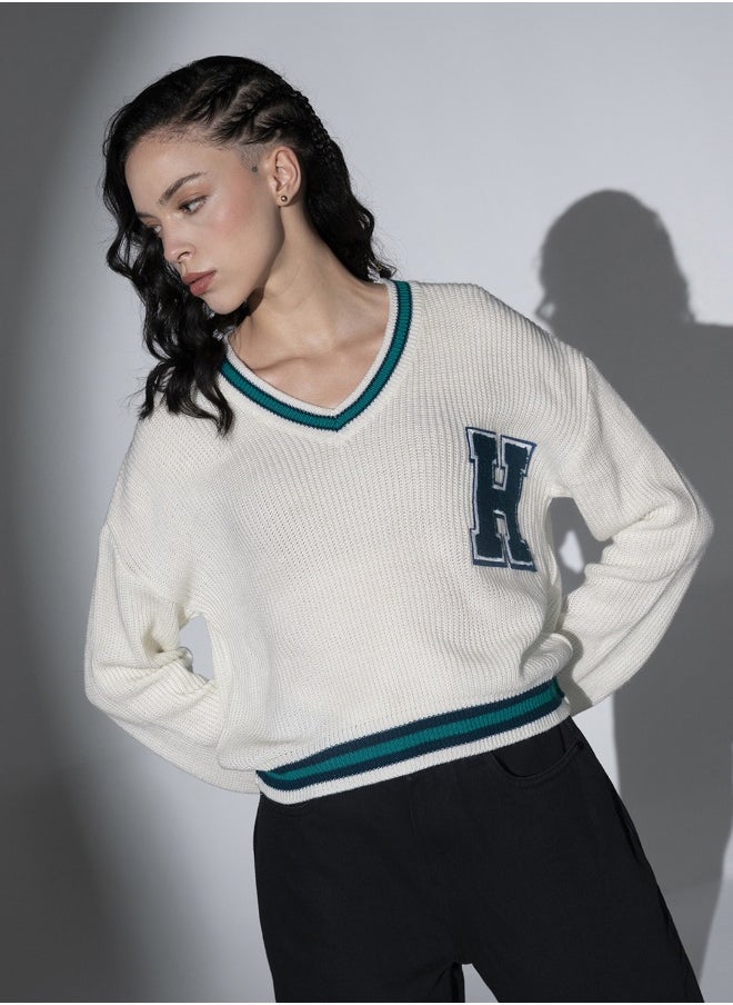 Women's White 100% Acrylic Regular Fit Sweater