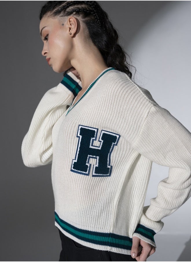 Women's White 100% Acrylic Regular Fit Sweater