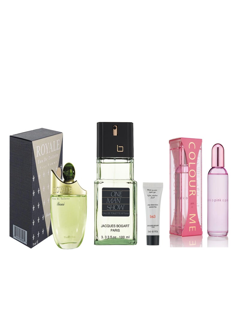 Rasasi Royale EDT Jacques Bogart One Man Show EDT With shave balm 3ml and Colour Me pink fragrance combo set 278ml