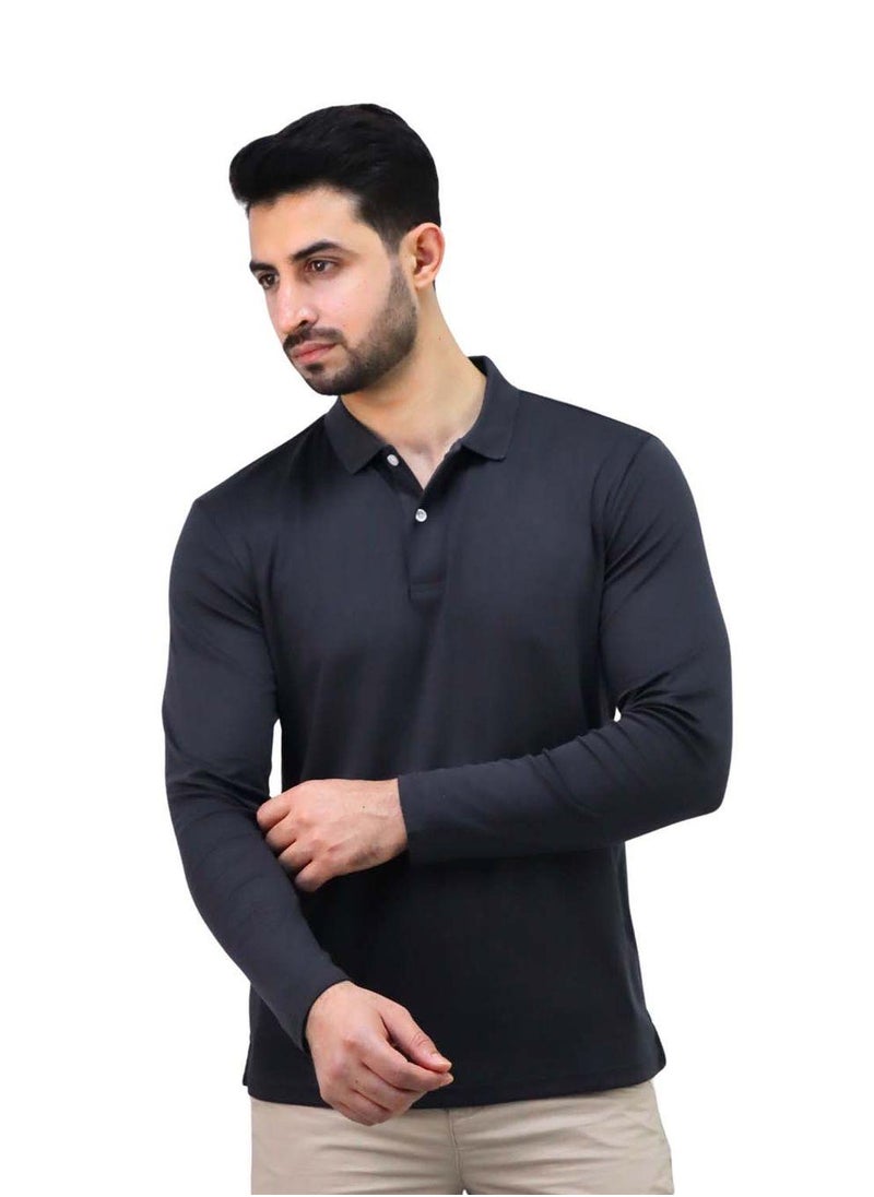 Men’s Flat Knit Collar Long Sleeve Liquid Touch Slim Fit Solid Color Polo