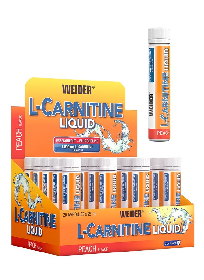 L-Carnitine liquid, Pre workout, Plus choline, 1.800 mg L-carnitine, 20 Ampoules x 25 ml, Peach flavour